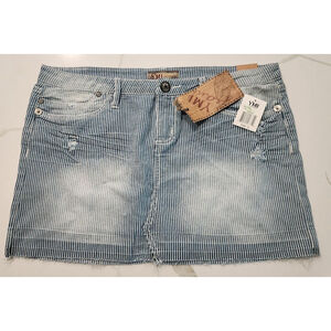 YMI Jeans Blue White Railroad Pinstripe Distressed Denim Mini Skirt Size 13 NWT